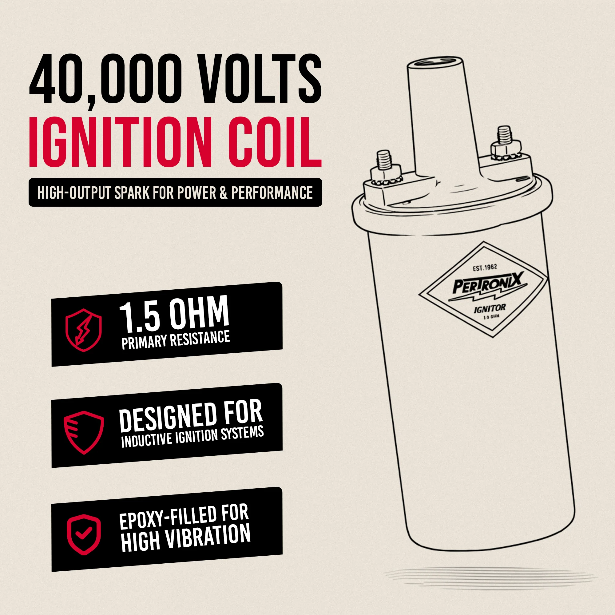 PerTronix 40111 Ignitor Epoxy Filled 40,000 Volt Ignition Coil with 1.5 Ohms Resistance in Black - Image 4