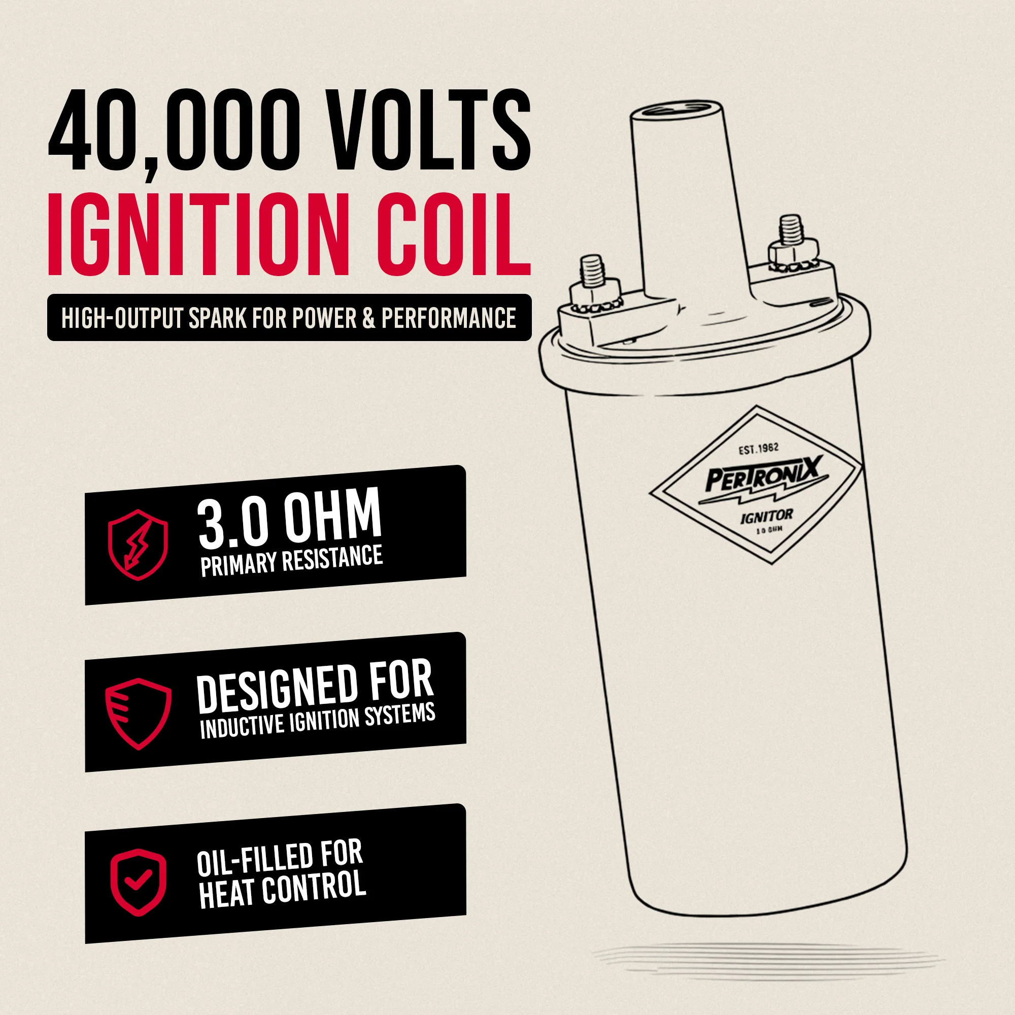 PerTronix 40511 Ignitor Oil Filled 40,000 Volt Ignition Coil with 3.0 Ohms Resistance in Black - Image 4